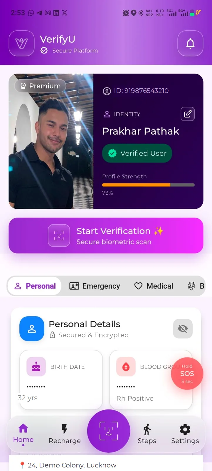 VerifyU identity dashboard with a verified demo profile