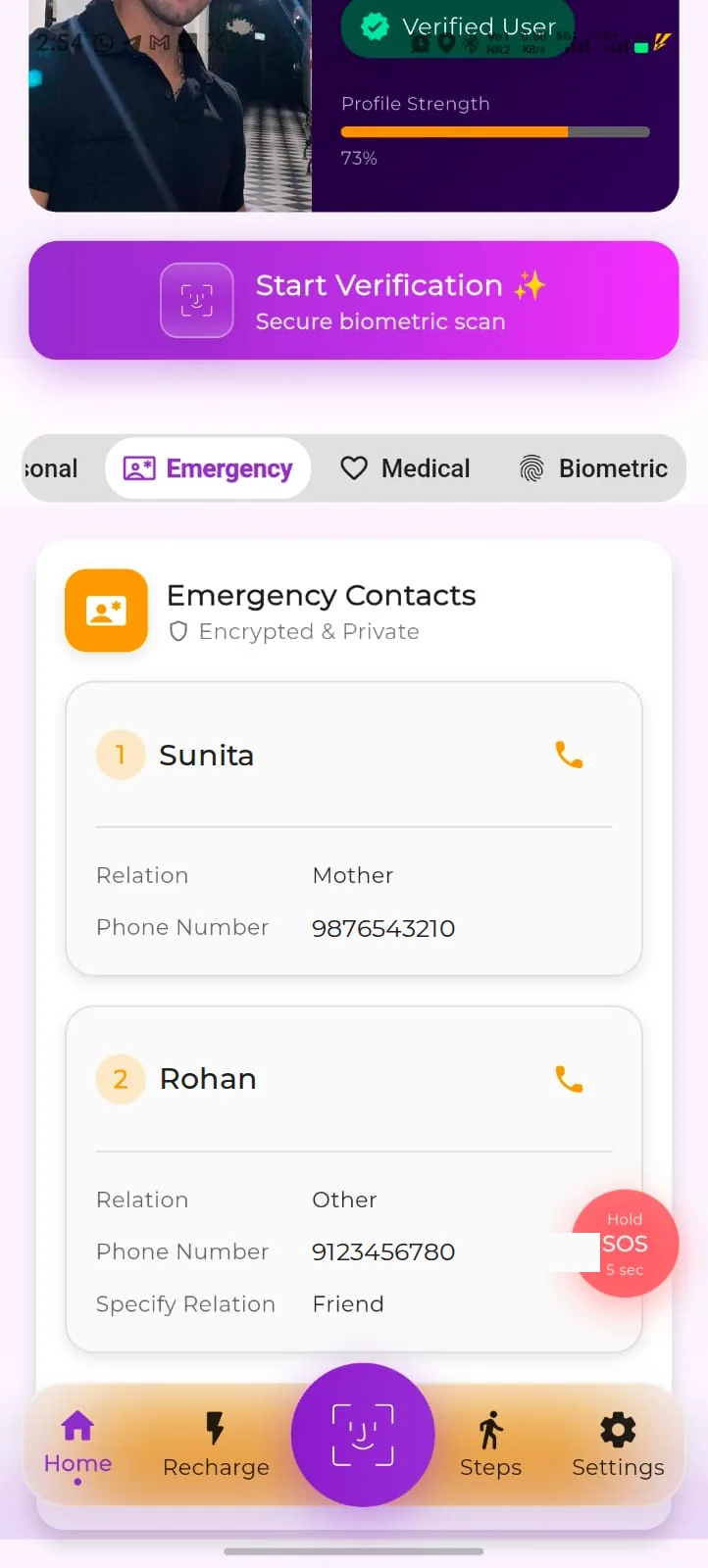 Emergency contacts of a matched profile with call buttons