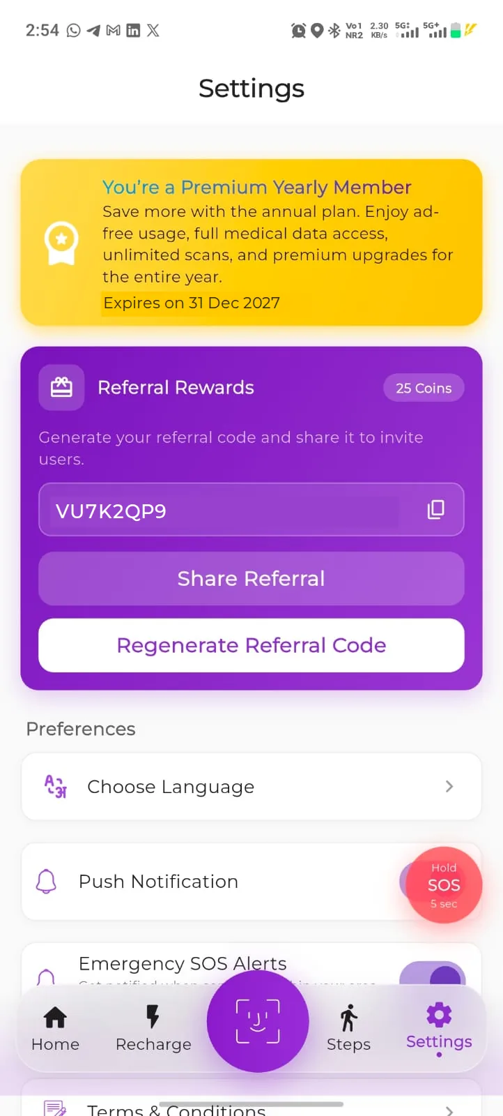 VerifyU Settings screen showing Premium yearly benefits, Referral Rewards with a code and the coin balance