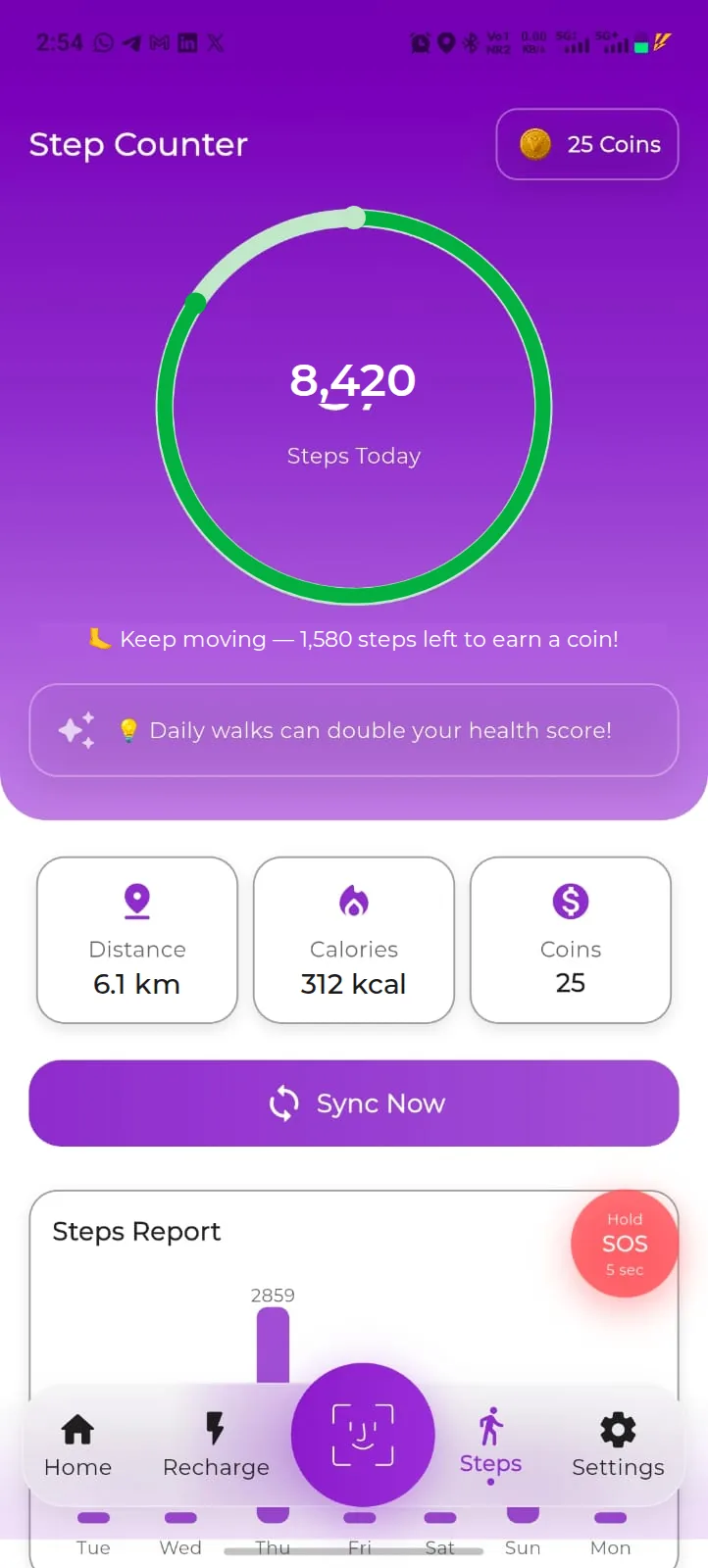 Step counter at 8,420 steps with coins