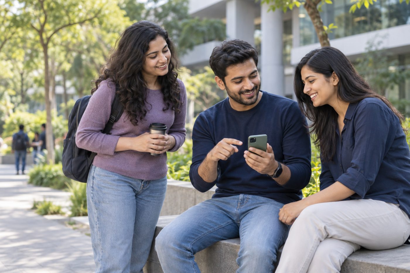 Three young volunteers outdoors looking at a phone together